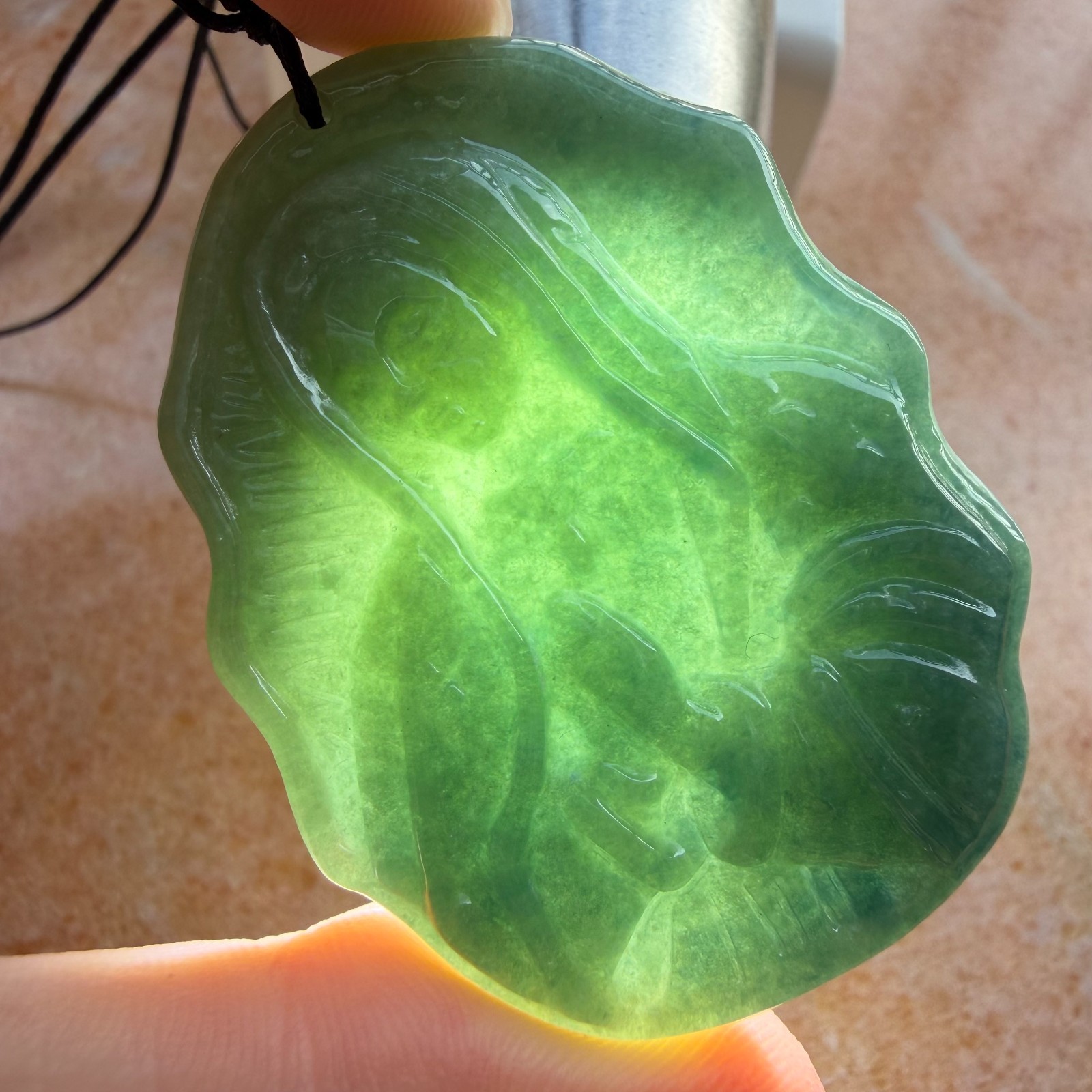Natural Grade A jadeite green Virgin Mary Plaque Pendant Jade Amulet #50379