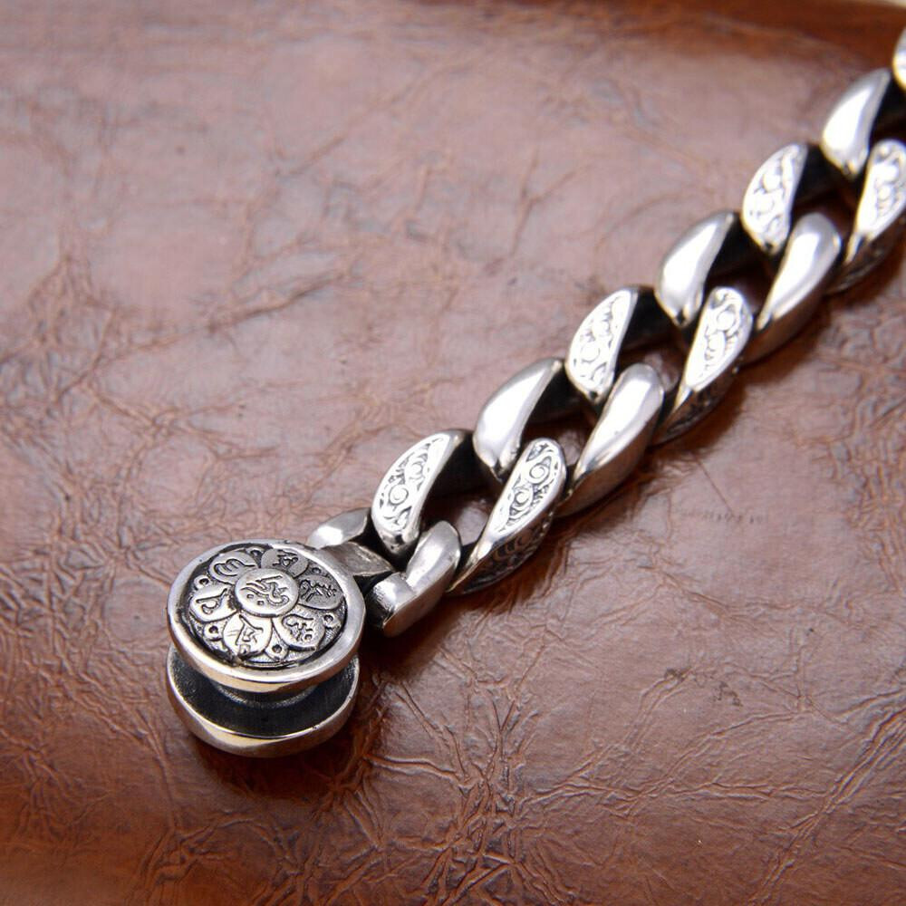 Pure S925 Sterling Silver Bracelet 11mm Vajra Six Words Curb Link Chain 7-8.7in