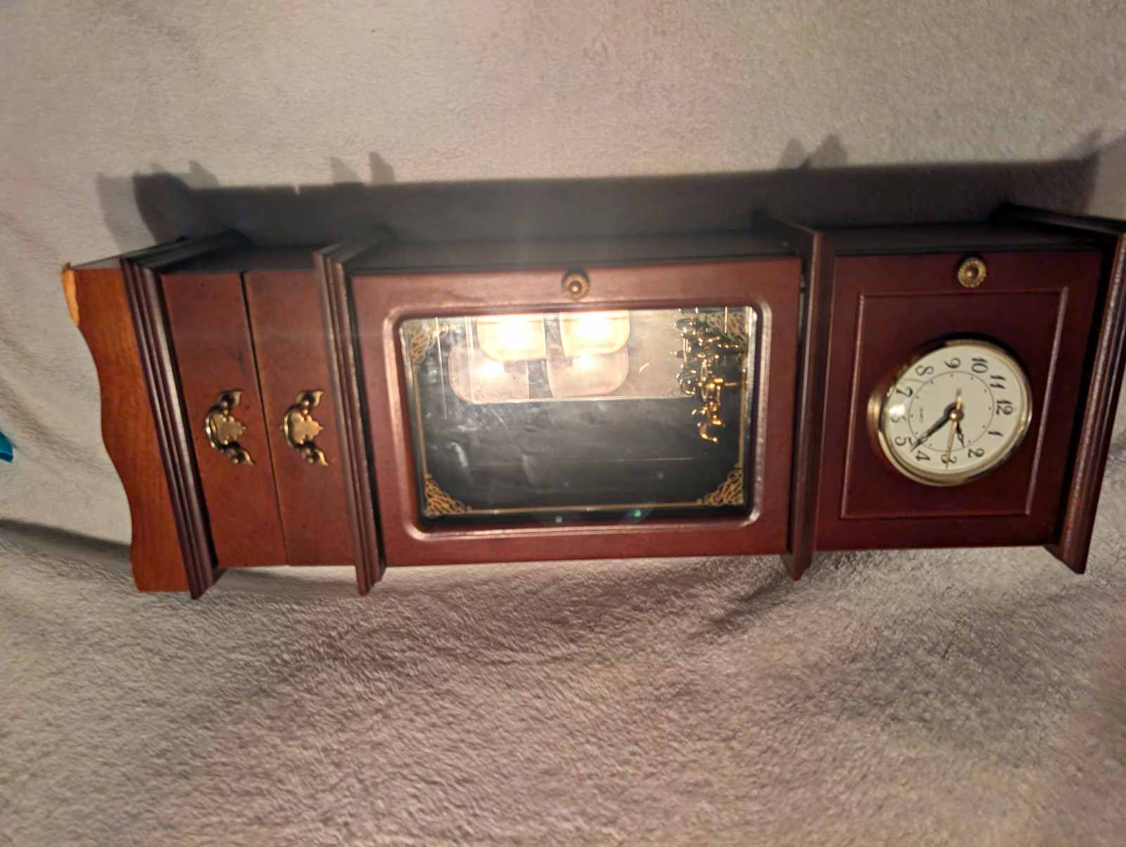 Wood Jewelry Box Organizer Brown Rectangle w/ Mirror & Built-In Analog Clock