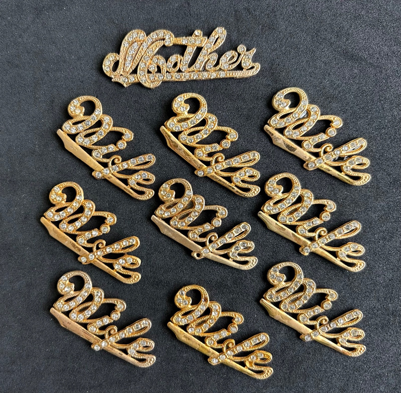 VINTAGE LOT OF 9 “WIFE” 1 “MOTHER” GILT RHINESTONE JEWELRY FINDINGS