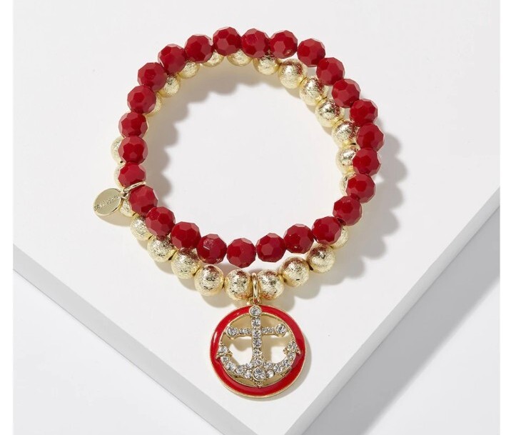 HEIDI DAUS “Anchors Away” Crystal/Enamel Bead Stretch Bracelet Set Red/Lg – NWT