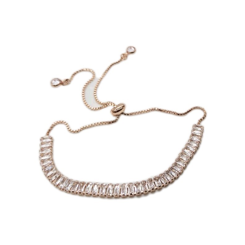 Tennis Bracelet Crystal Rhinestone Baguette Rose Gold Tone Drawstring Closure