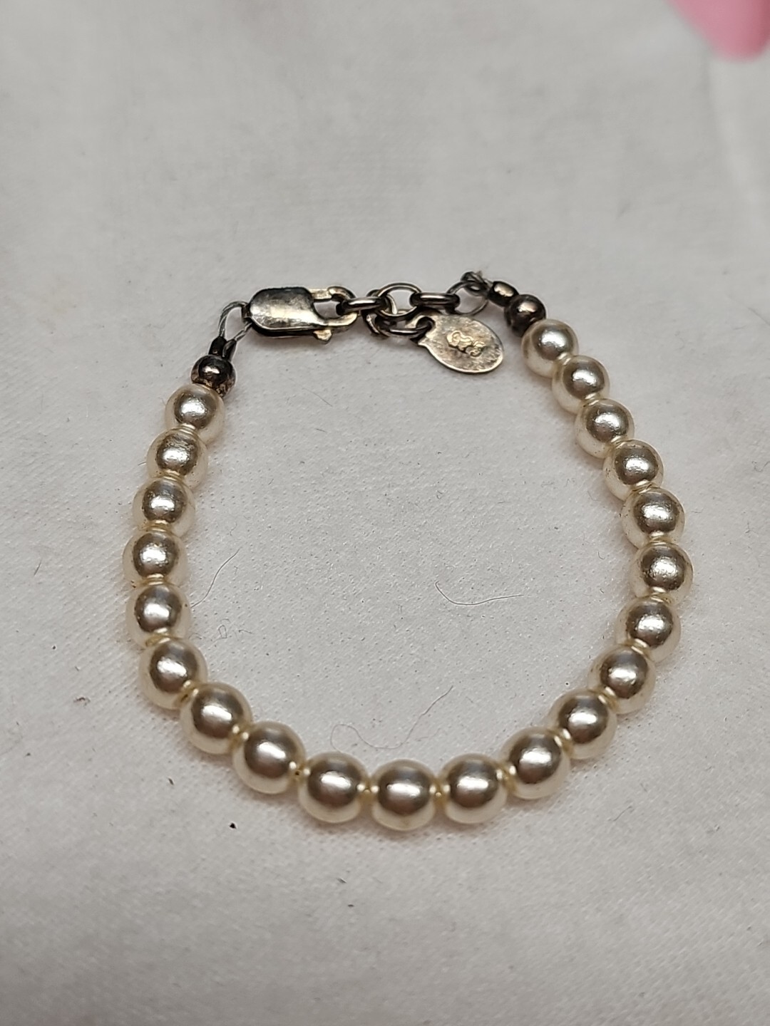 STERLING SILVER CM BABY’S Faux Pearl Beaded Vintage Bracelet 3 1/2″+1″ (OK)