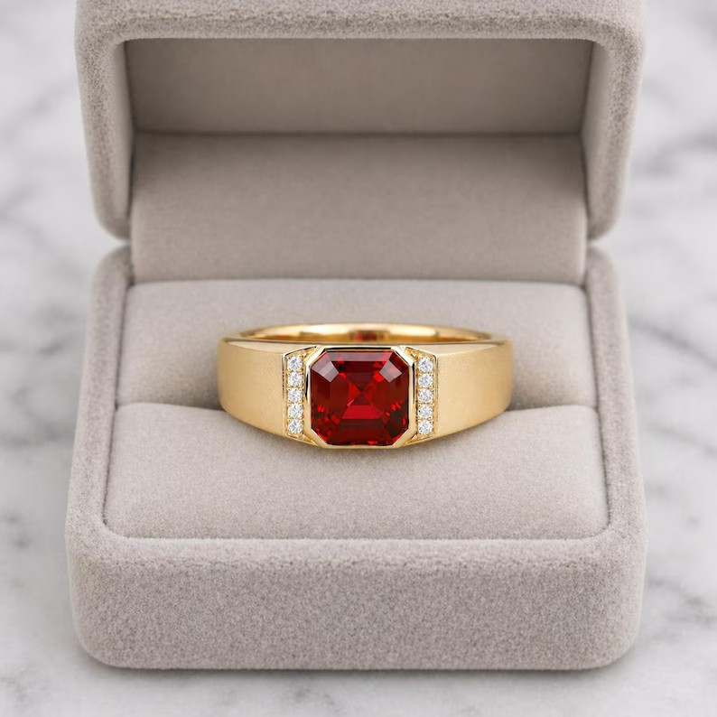 Solid 925 Sterling Silver Lab Created Ruby Ring Red Gemstone Statement Band Gift