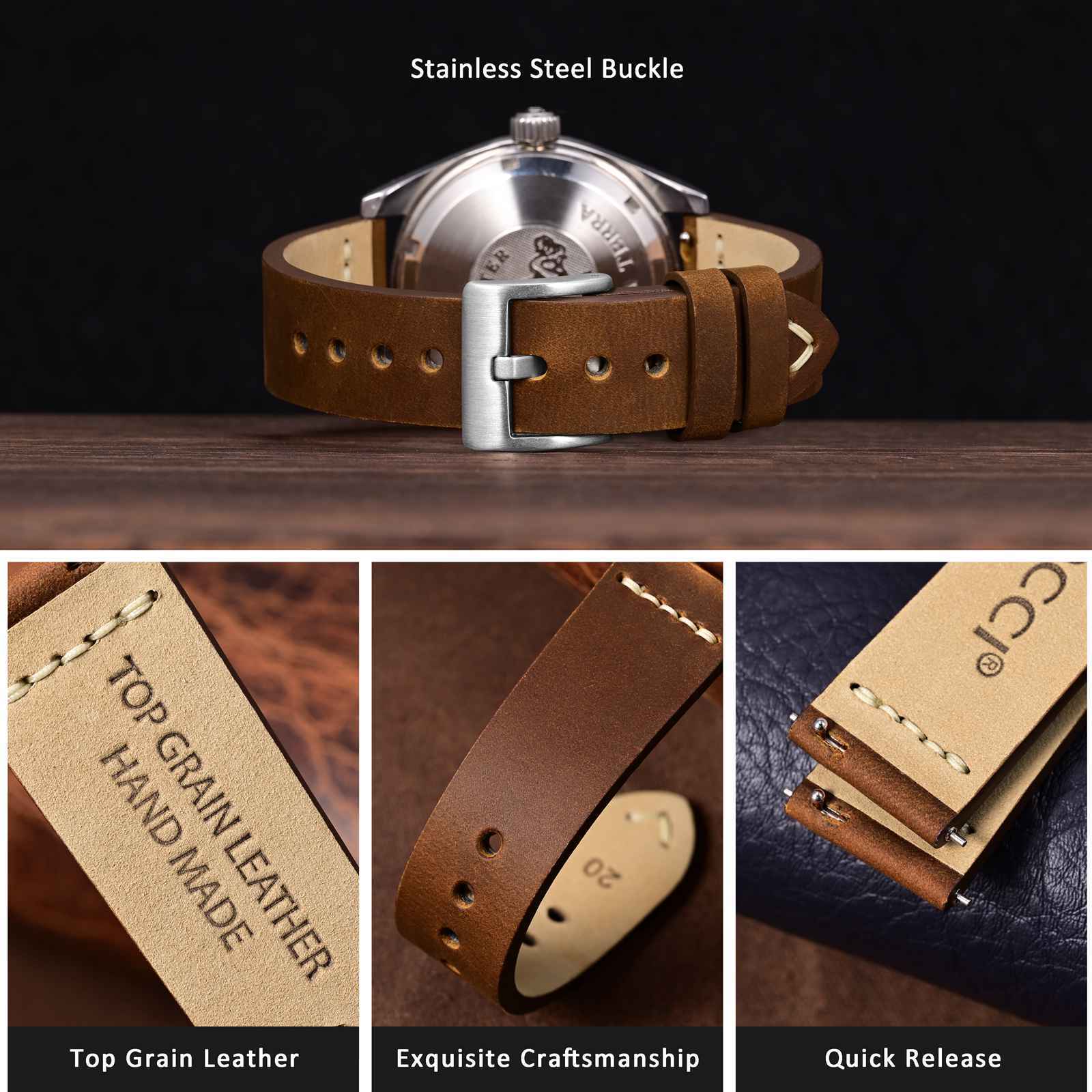 WOCCI Top Grain Leather Watch Band 17 18 19 20 21 22 24 26mm Men Watch Strap