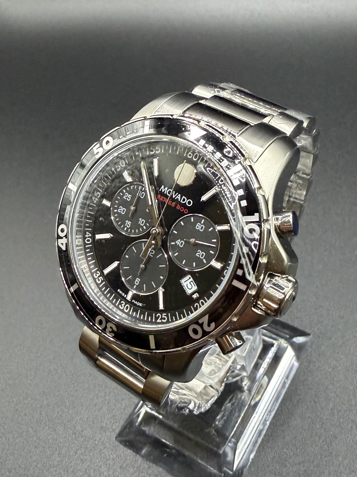 Movado Series 800 Black Dial & Bezel 42mm Chronograph Steel Watch Model #2600142