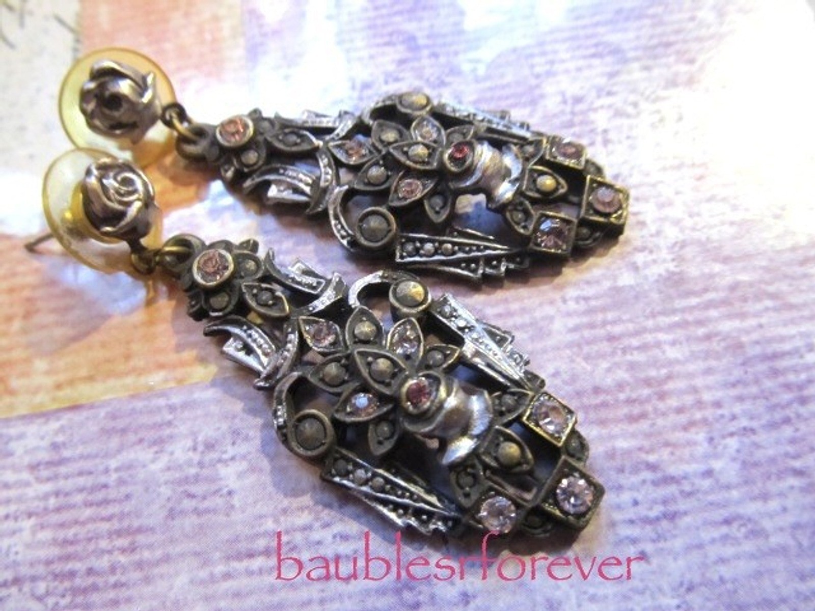 Banana Bob Brass Ox Ornate Floral Theme Pierced Dangle Earrings Nouveau Style