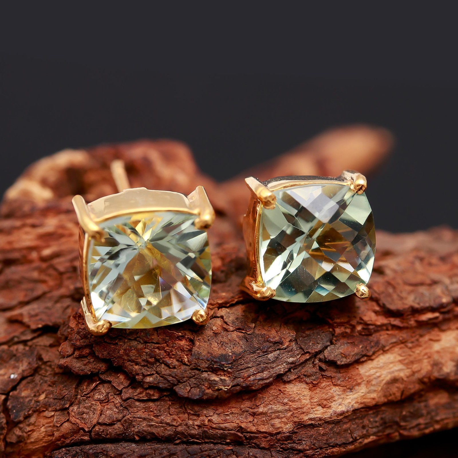 Natural Green Amethyst Cushion Stud Earrings Gold Plated Solid Silver Jewelry