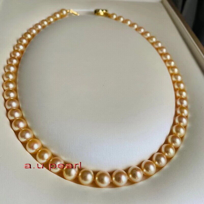 AAAAA 19″11-12MM NATURAL real round south sea golden pearl necklace 14K gold