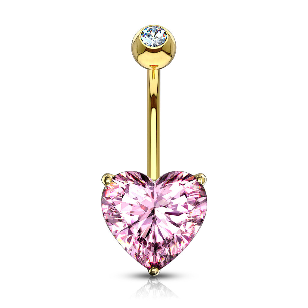 Gold Heart Design Navel Ring with CZ Bezel Set