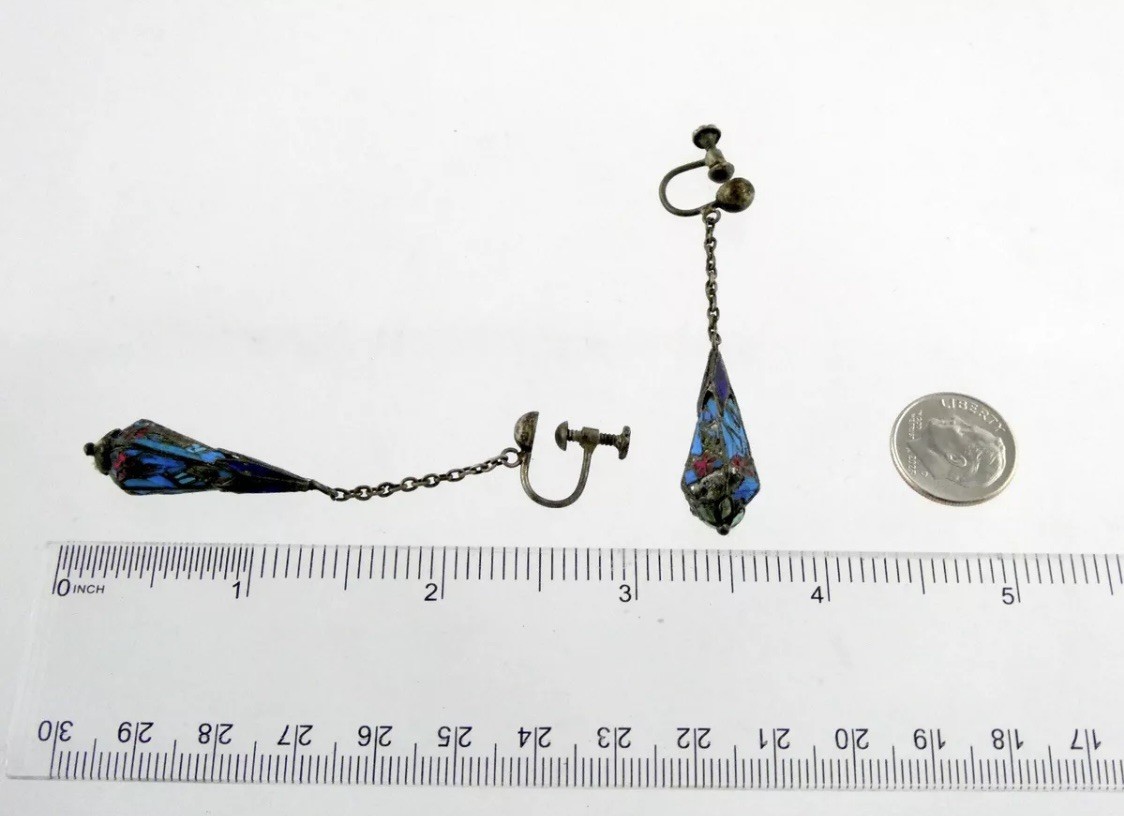 Rare Antique Chinese Kingfisher Bird Feather Silver Drop Dangle Earrings