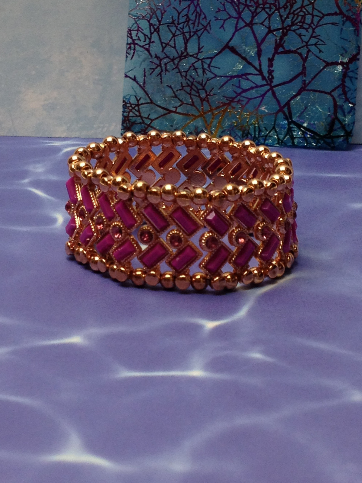 Women Rose Gold Stretch Bracelet w/ Double Row Purple Stones & Pink Crystals NEW