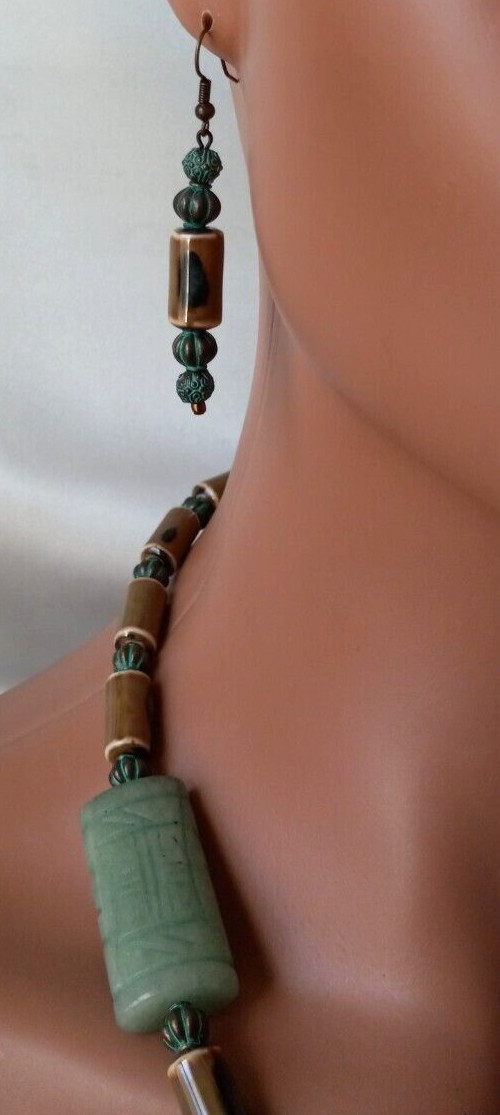 Carved Green Aventurine Zen Asian Inspired Necklace Earring Set