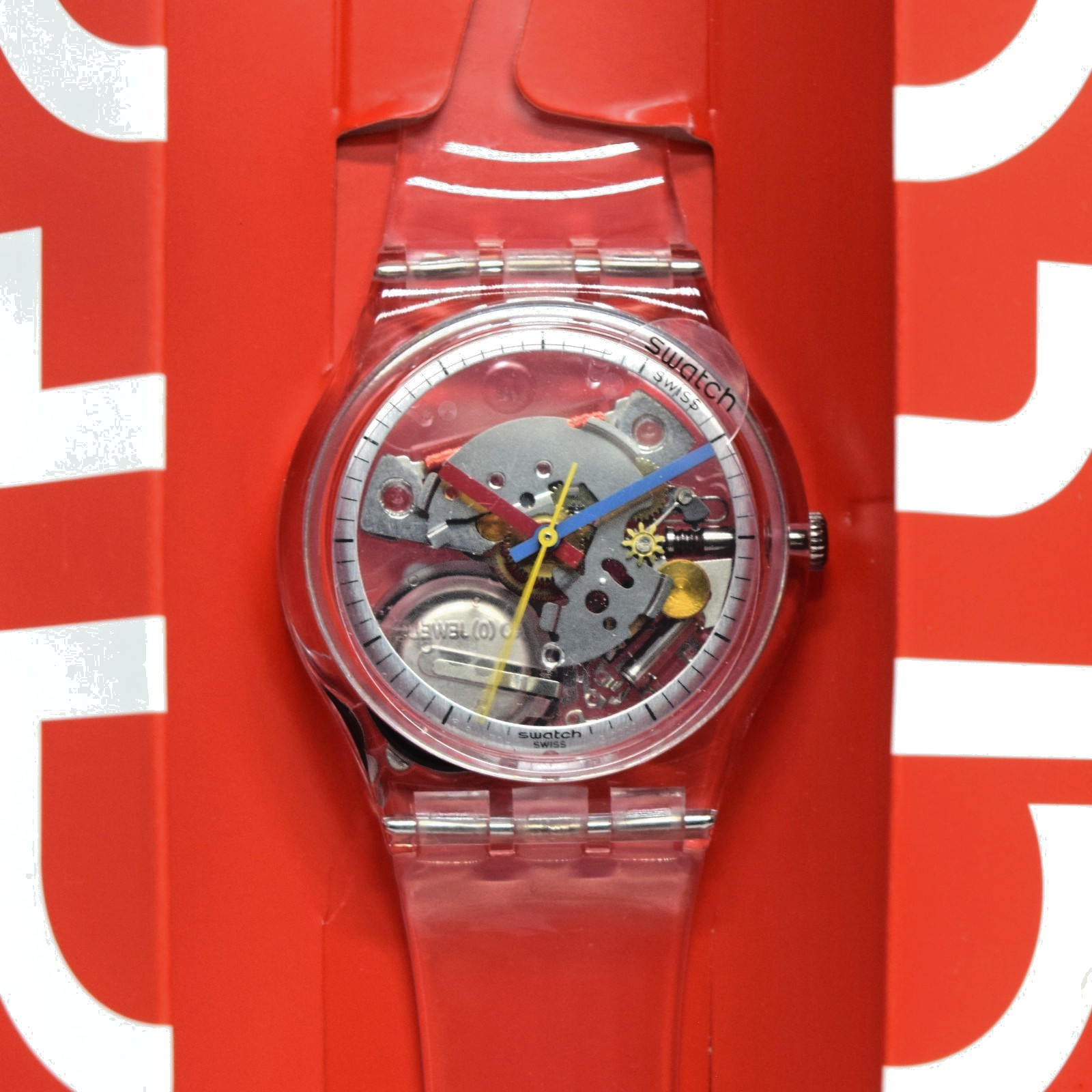 NOS/Unused Swatch Clearly Gent SO28K100 34mm Transparent Watch-Box & Papers
