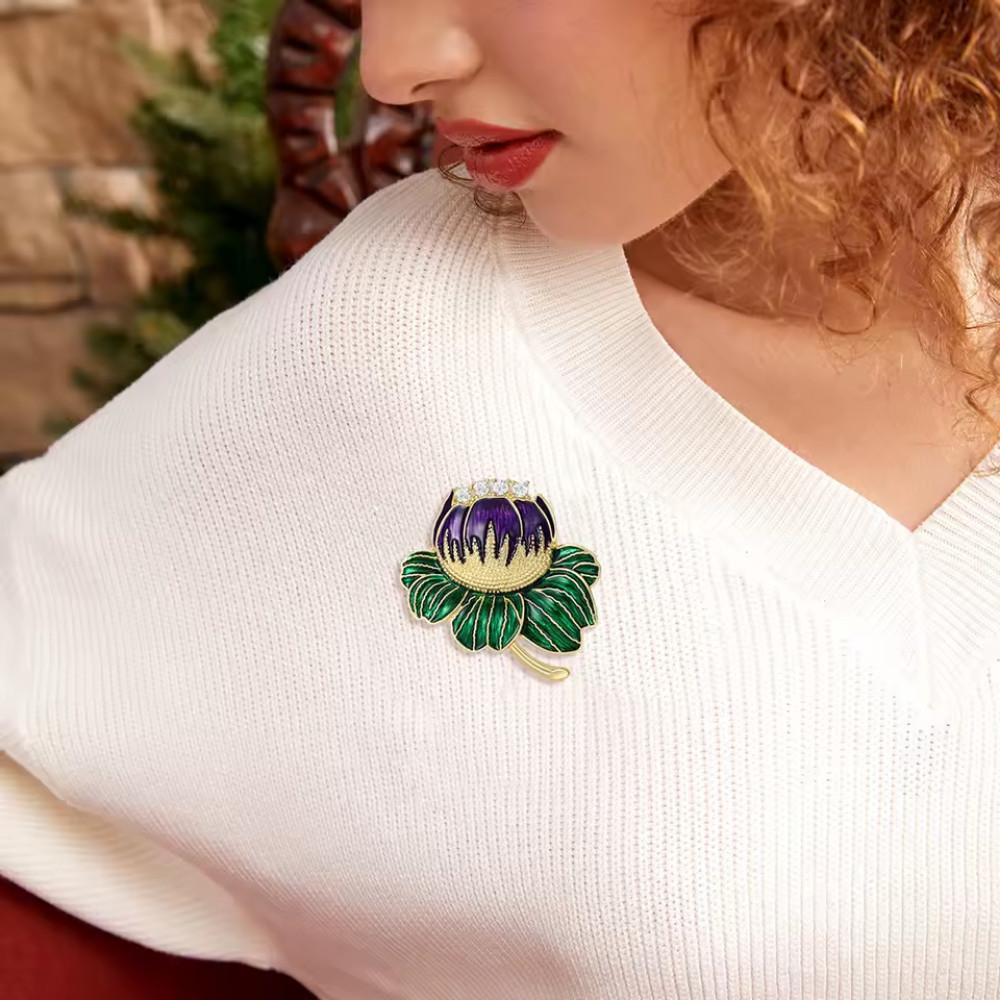 Rhinestone Purple Lotus Flower Brooch Gold Plant Pin Spring Summer Jewelry Gift