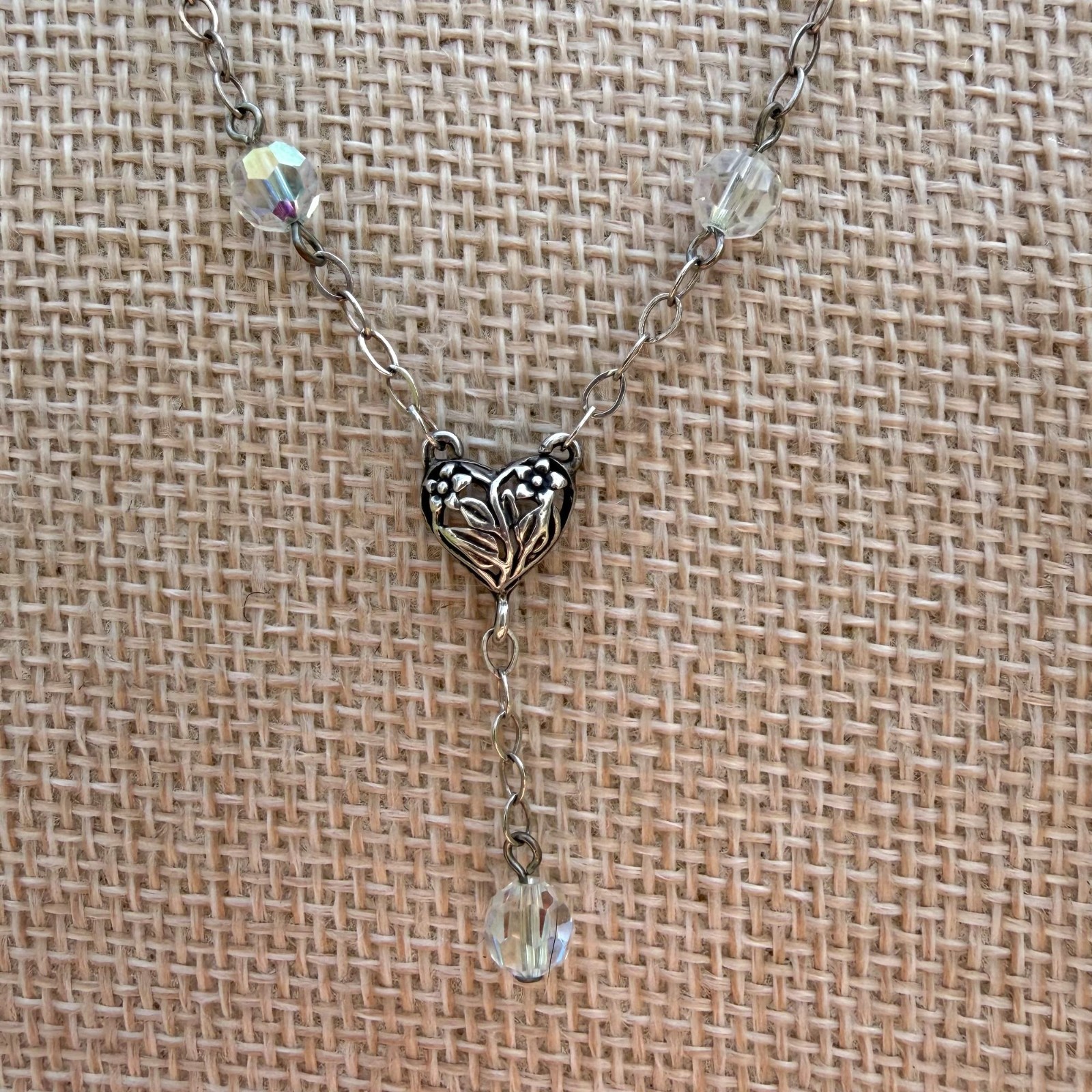 Sterling Silver Lariat Necklace Openwork Heart Pendant Faceted Crystals