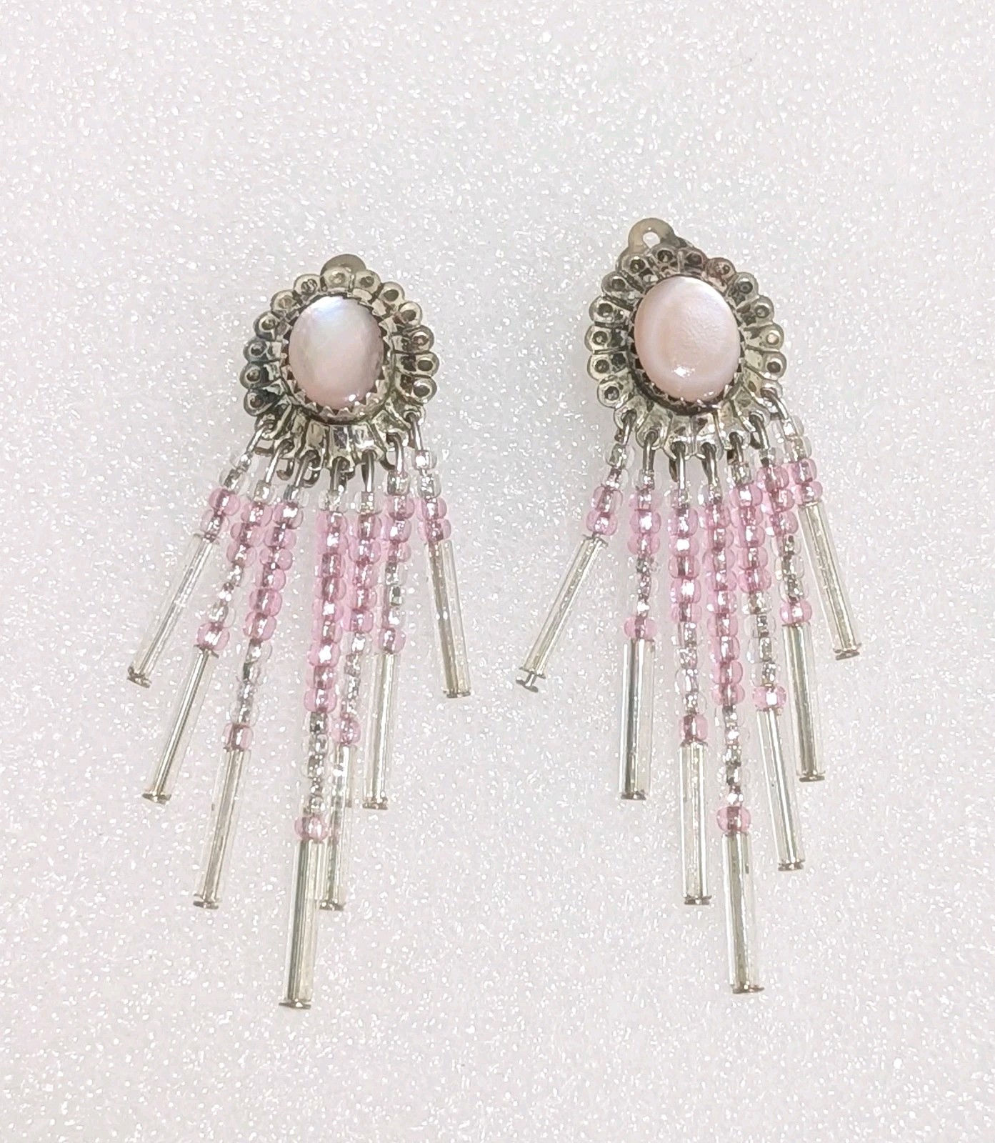 Navajo Sterling Silver Pink Mother Of Pearl Beads 2.5″ Hinged Back Earrings