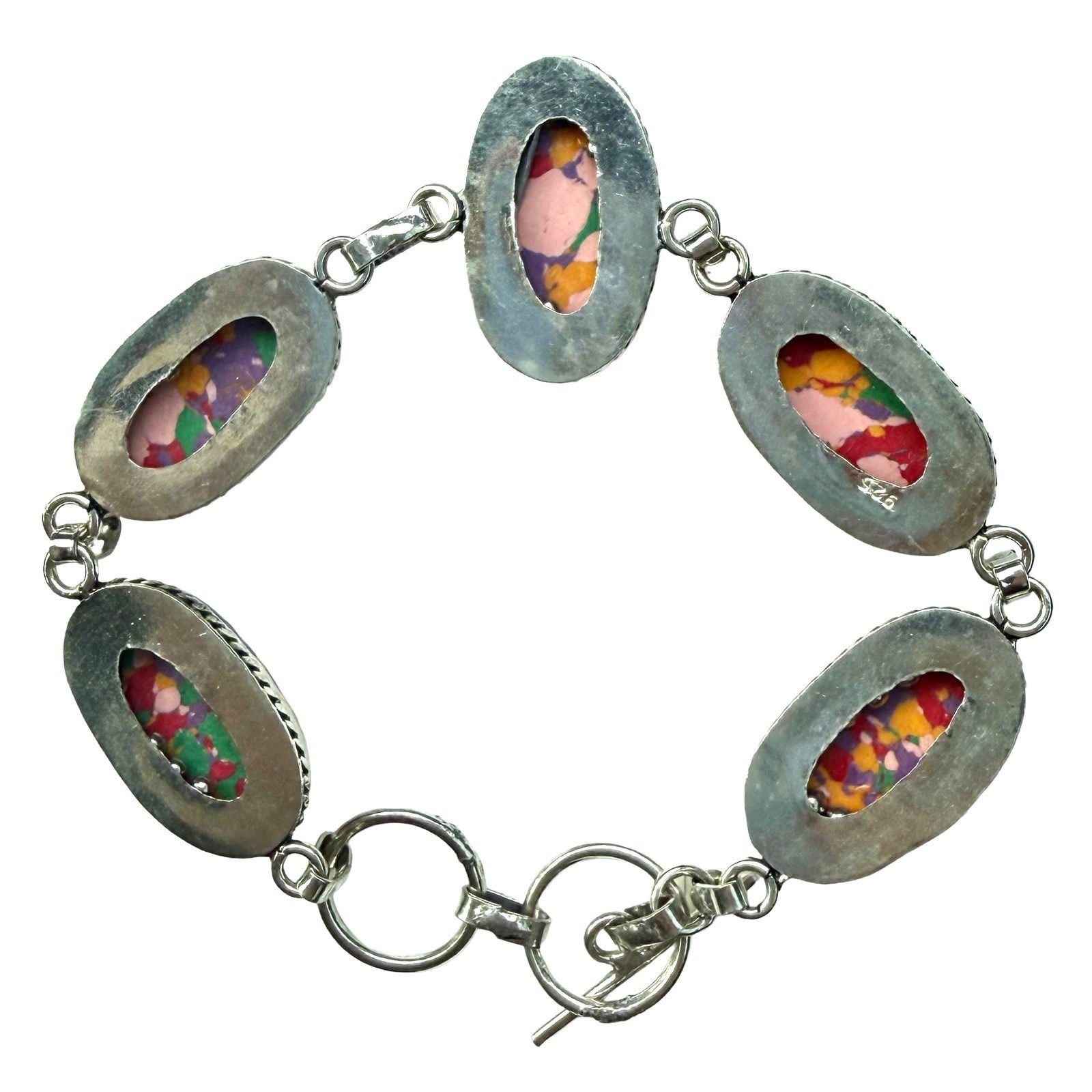 Mosaic Jasper Gemstone Sterling Silver Handmade Bracelet 23 G 7.5 To 8.5” NWOT