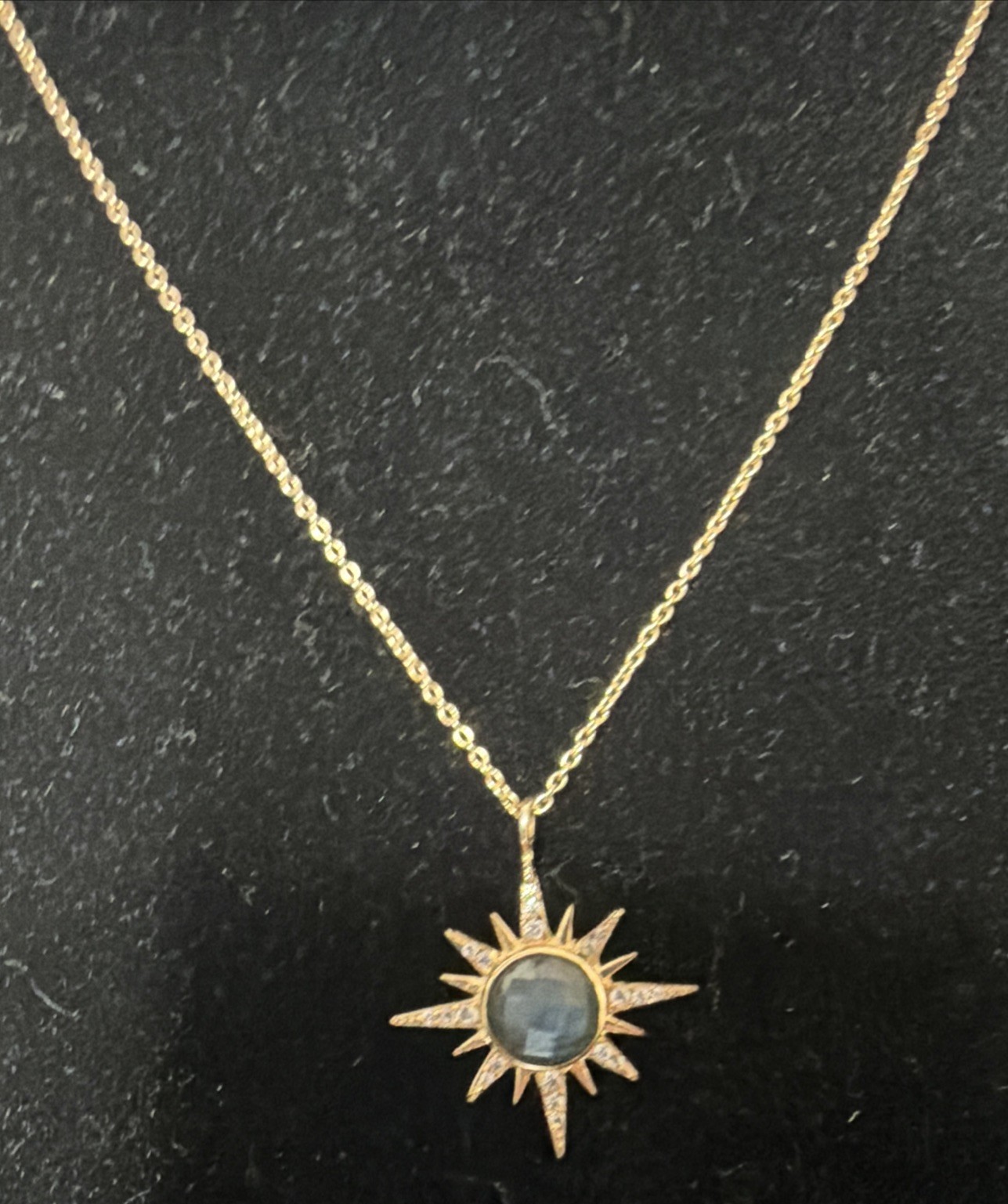 Atelier Mon Goldtone Sunburst Necklace With Blue Stone 17.5” Adjustable