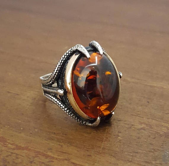 Solid 925 Sterling Silver Natural Baltic Amber Gemstone Signet Men’s Unisex Ring