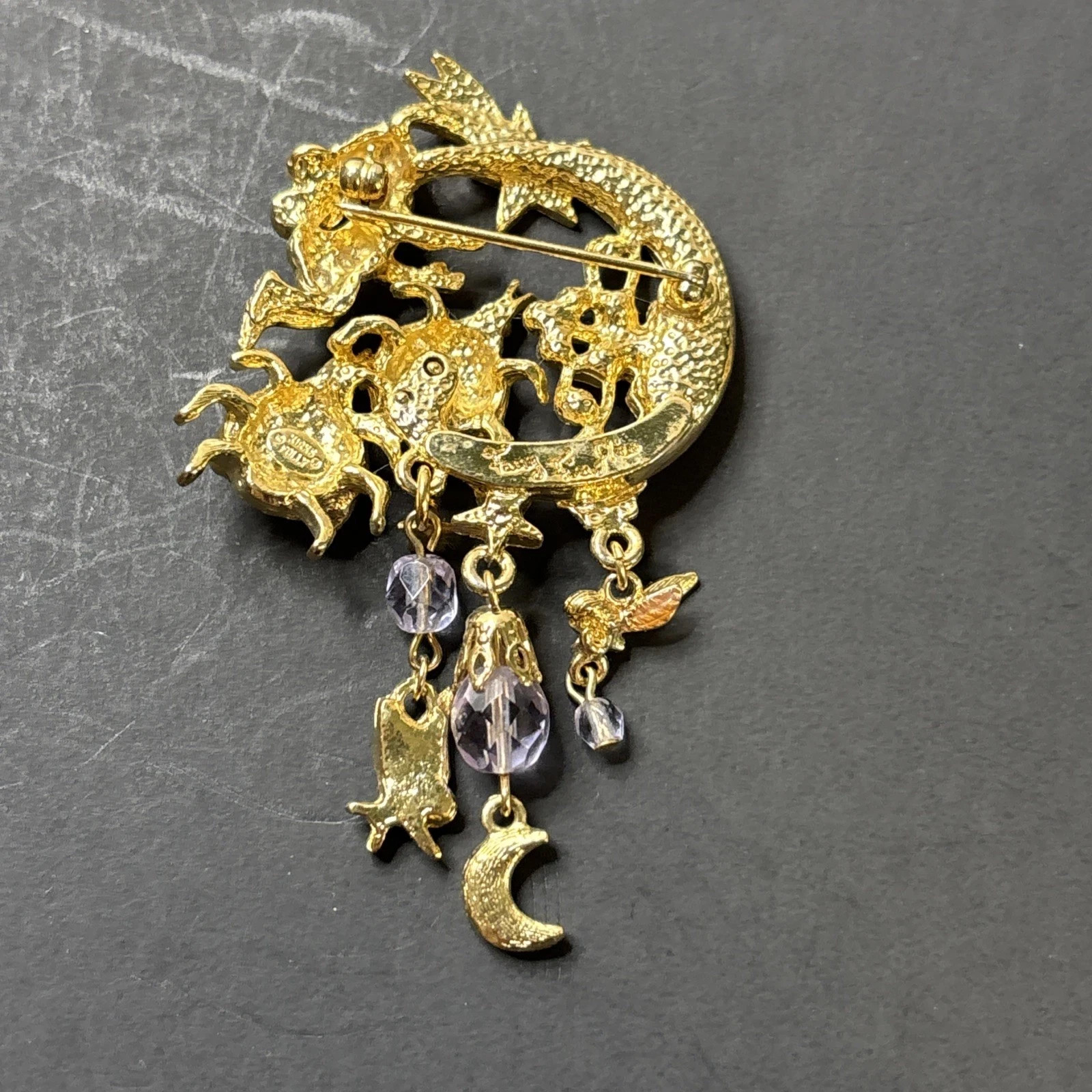 Signed Kirks Folly Fairy Fireflies Brooch Pin Dangle Stars Moon Flowers flies