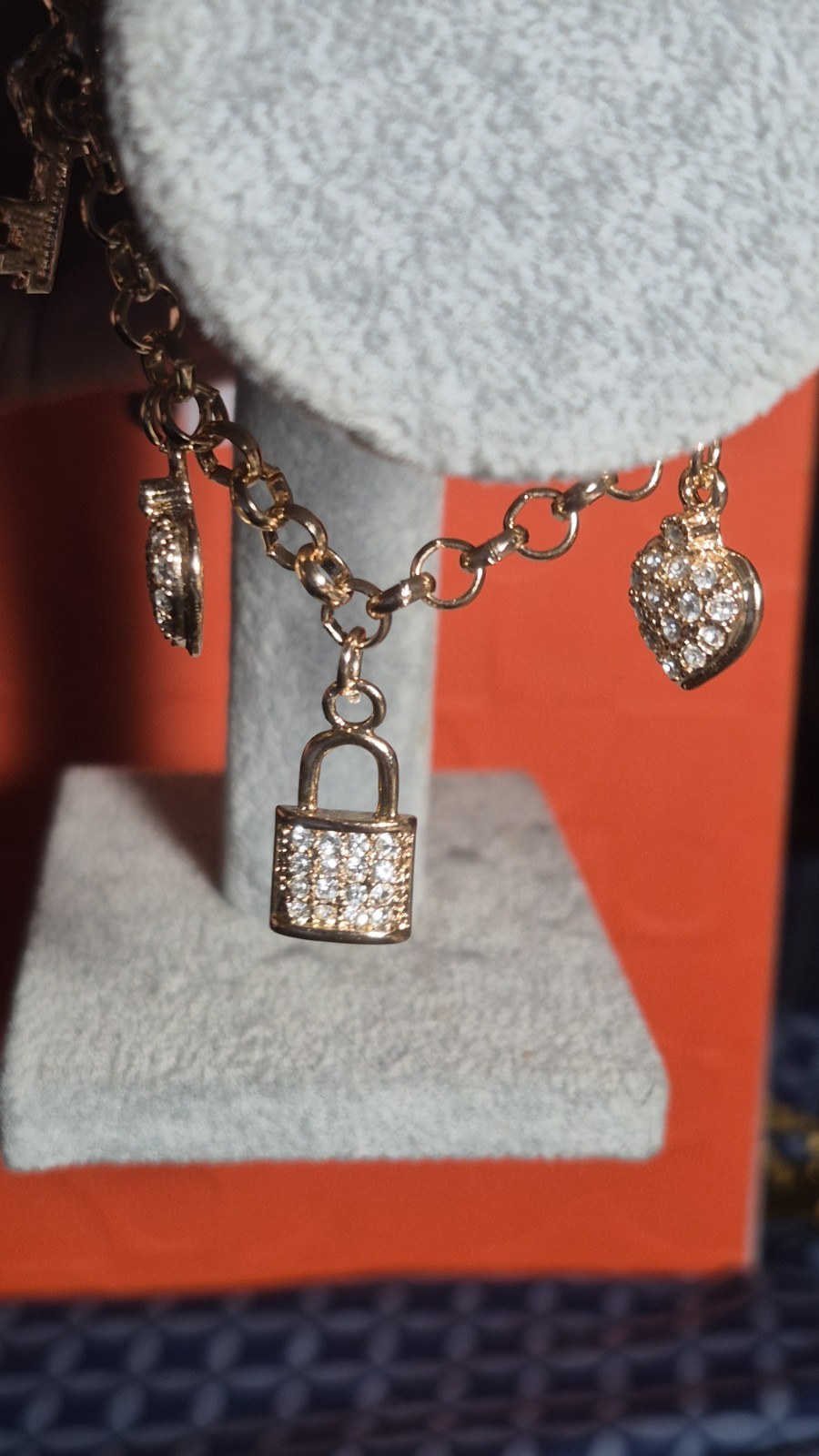 Fallon Jewelry Gold Tone Pave Rhinestone Lock Heart Key Charm Link Bracelet Vtg