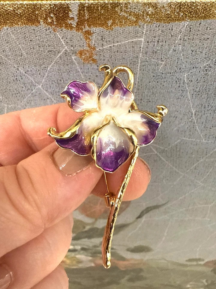 New Orchid Enamel Flower Brooch, 2.28-Inch, 14K Gold‑Plated Pin