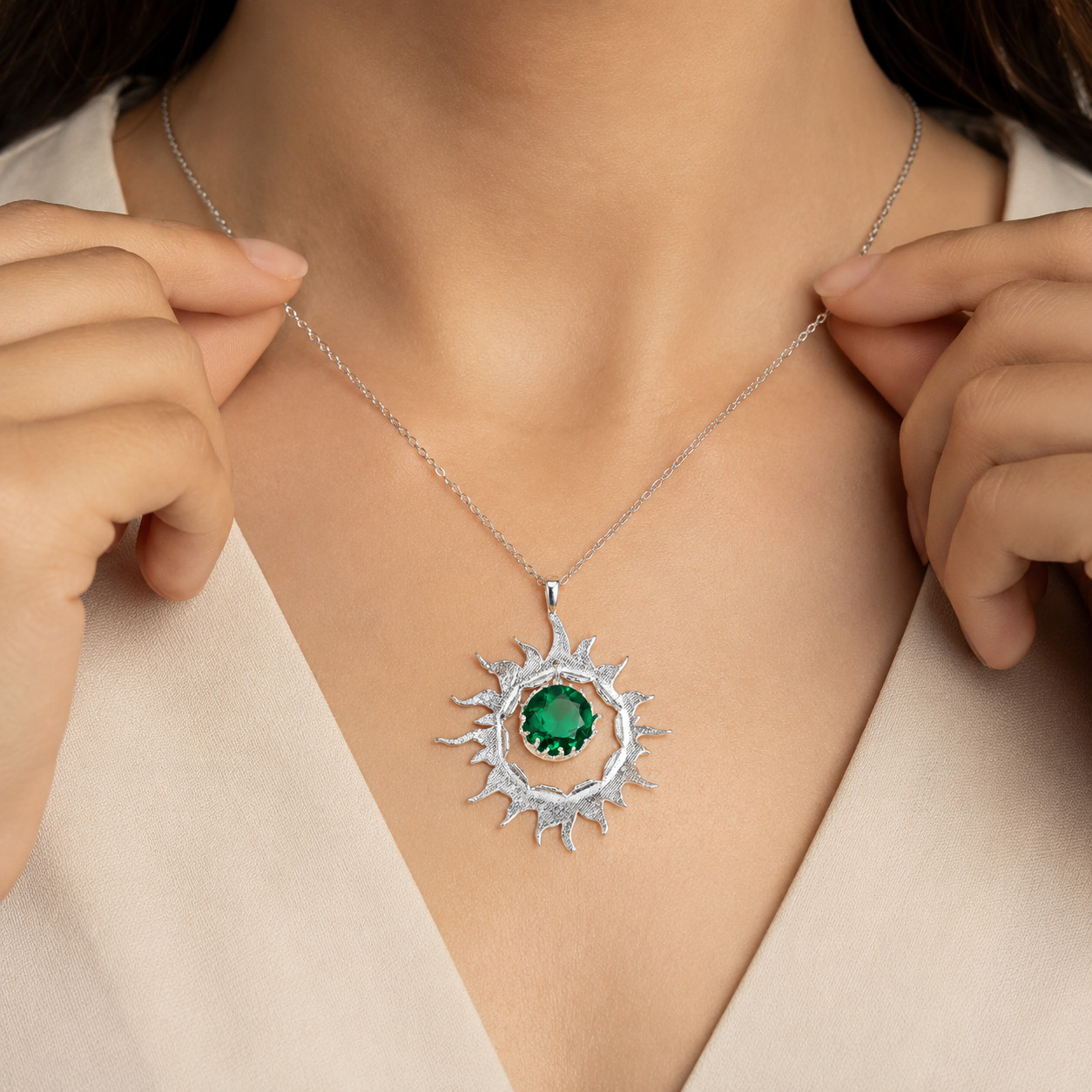 Emerald Gemstone Jewelry 925 Silver Handmade Daily Wear Pendant 1.76″ For Her