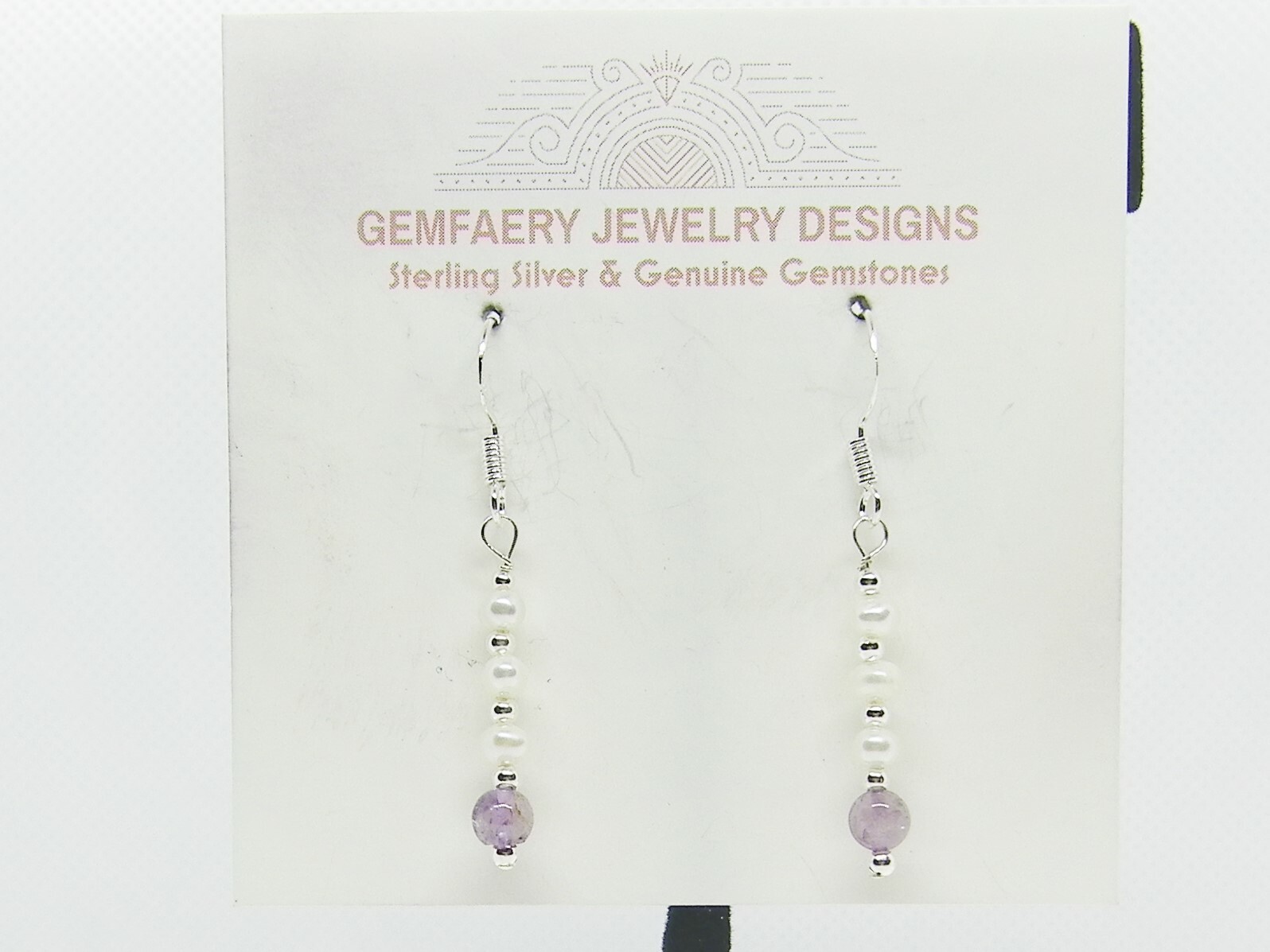 Sterling Silver Natural AMETHYST & PEARL Dangle Earrings #2401…Handmade USA