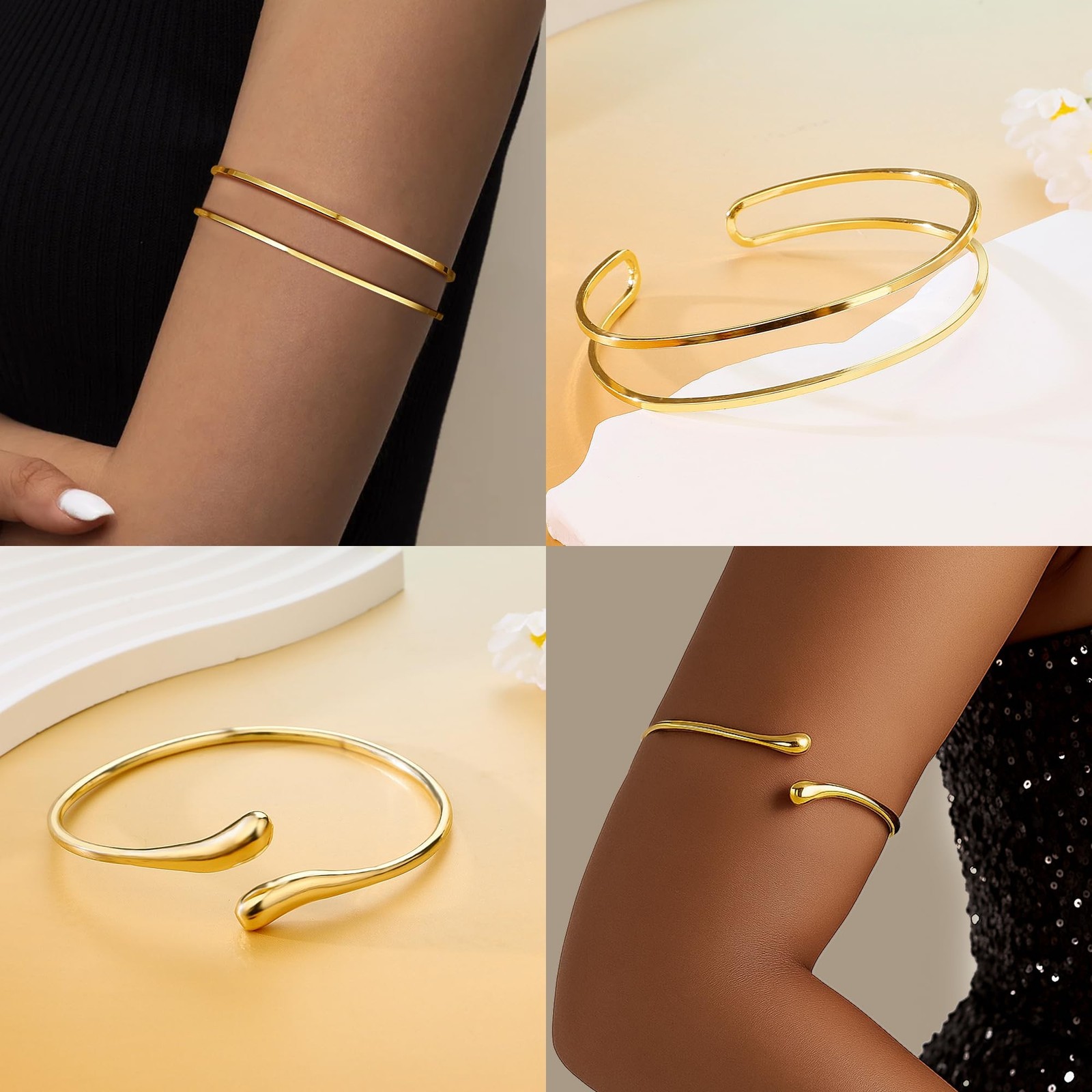 PEALICIOUS 2Pcs Chunky Bracelet for Women, Girls Gold Bangle Bracelet 7in Min…