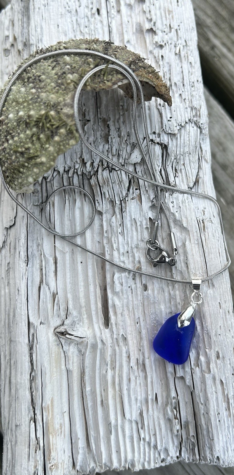 Genuine Cobalt Blue Sea Glass Necklace Stainless Steel Chain Rare 18 Inch