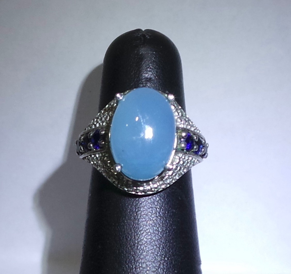 STS Karis Oval Aqua Chalcedony & Blue Accents Ring Silver Tone Size 6 14x10mm