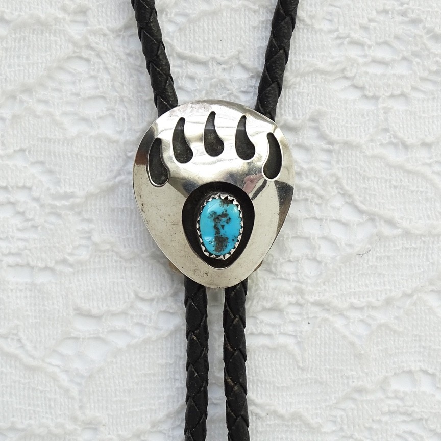 Vintage Navajo Native American BEAR PAW Bolo String Tie Sterling & Turquoise 38″