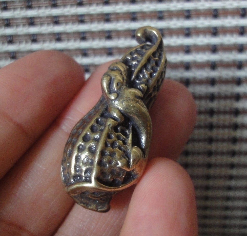 Vintage Style Pure Brass Small Peanut with Animal Statue Pendant