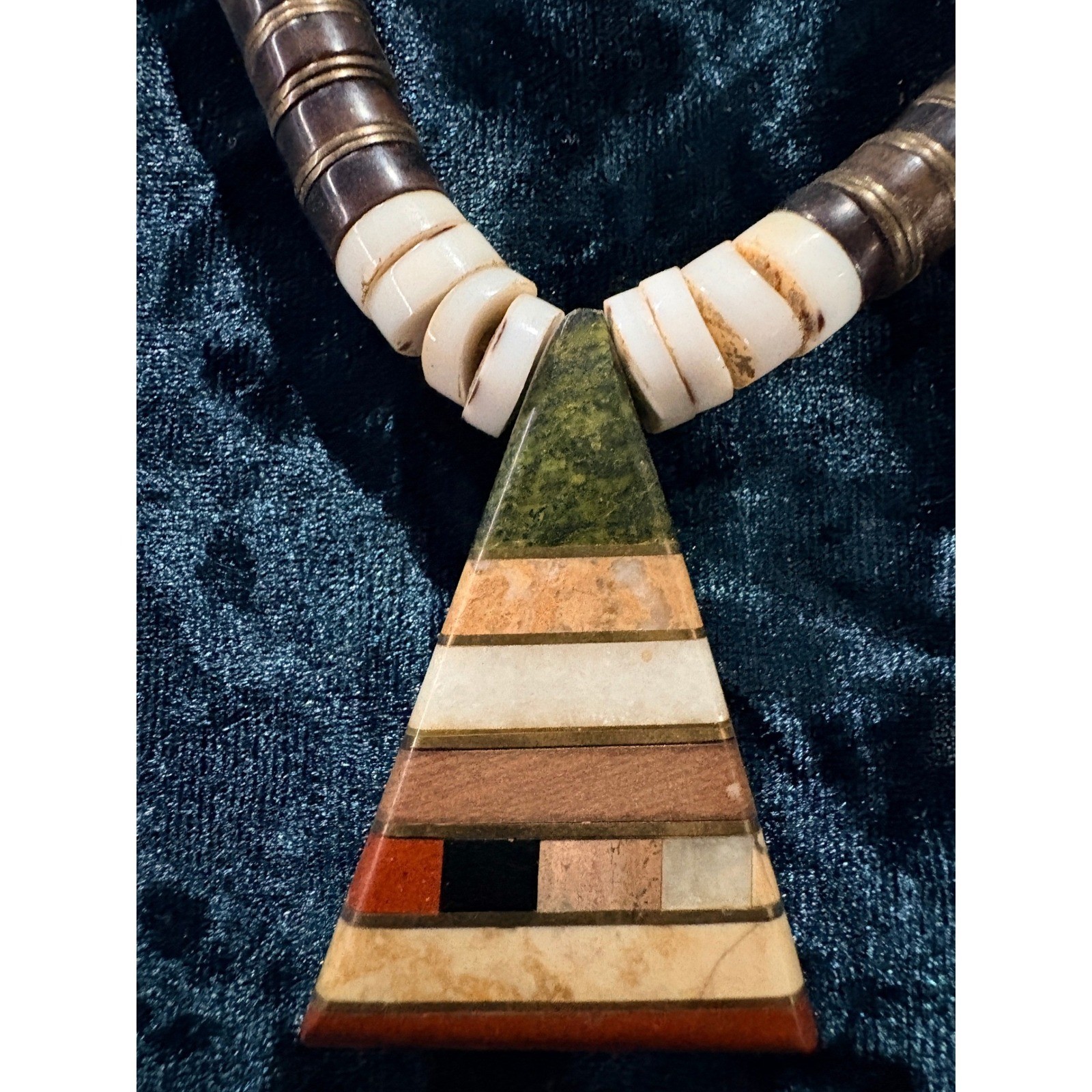 Boho Inlaid Stone Triangle Pendant Necklace Natural Wood Bone Beads