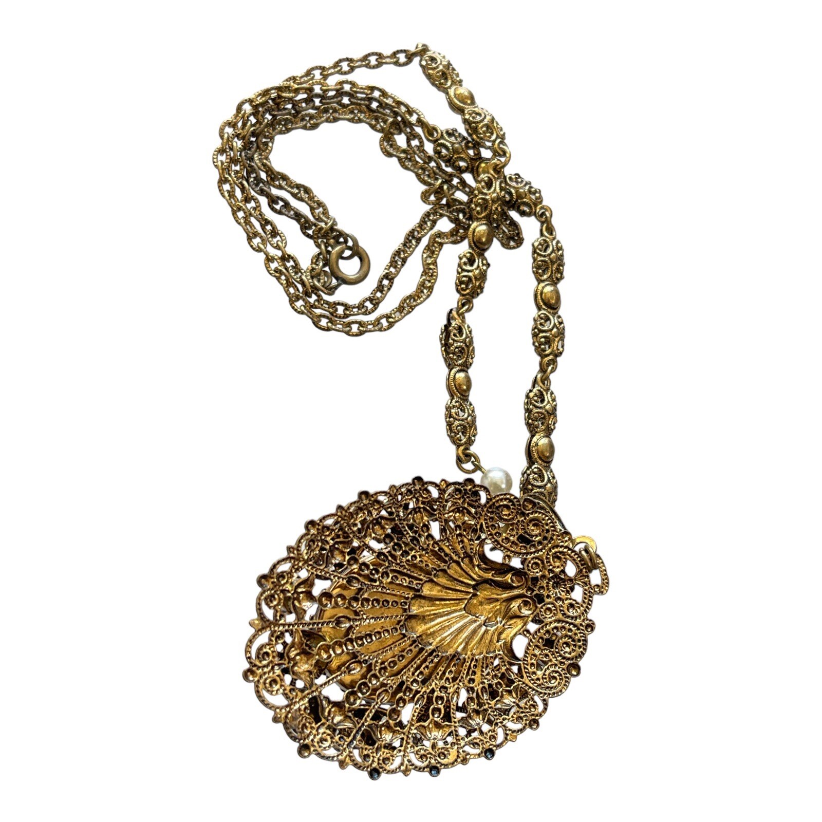 Vintage Western Germany Filigree Necklace Porphyry Glass Faux Pearls Gold Tone