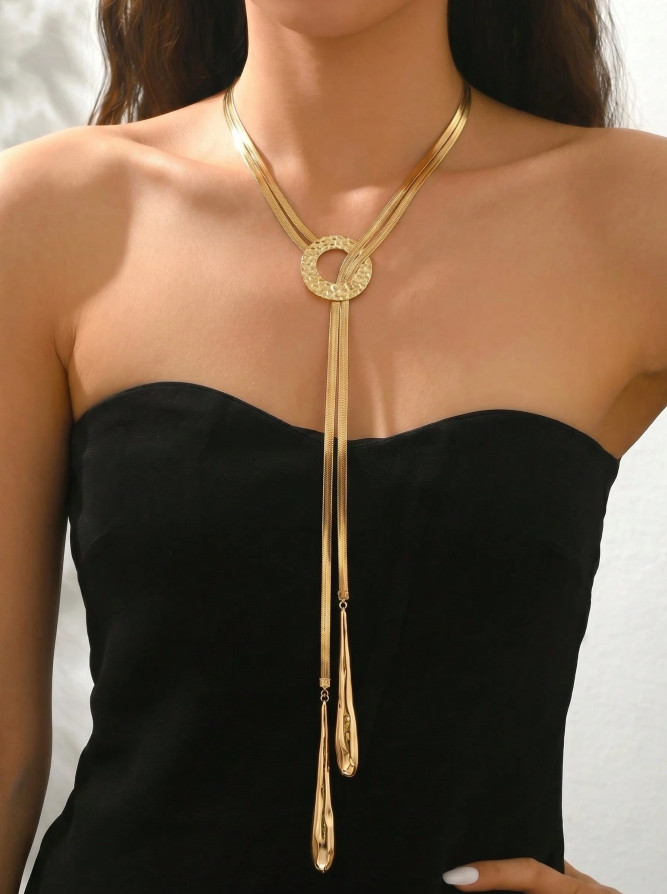 Summer Y-Shaped Tassel Necklace Gold Snake Chain Circle Pendant for Women