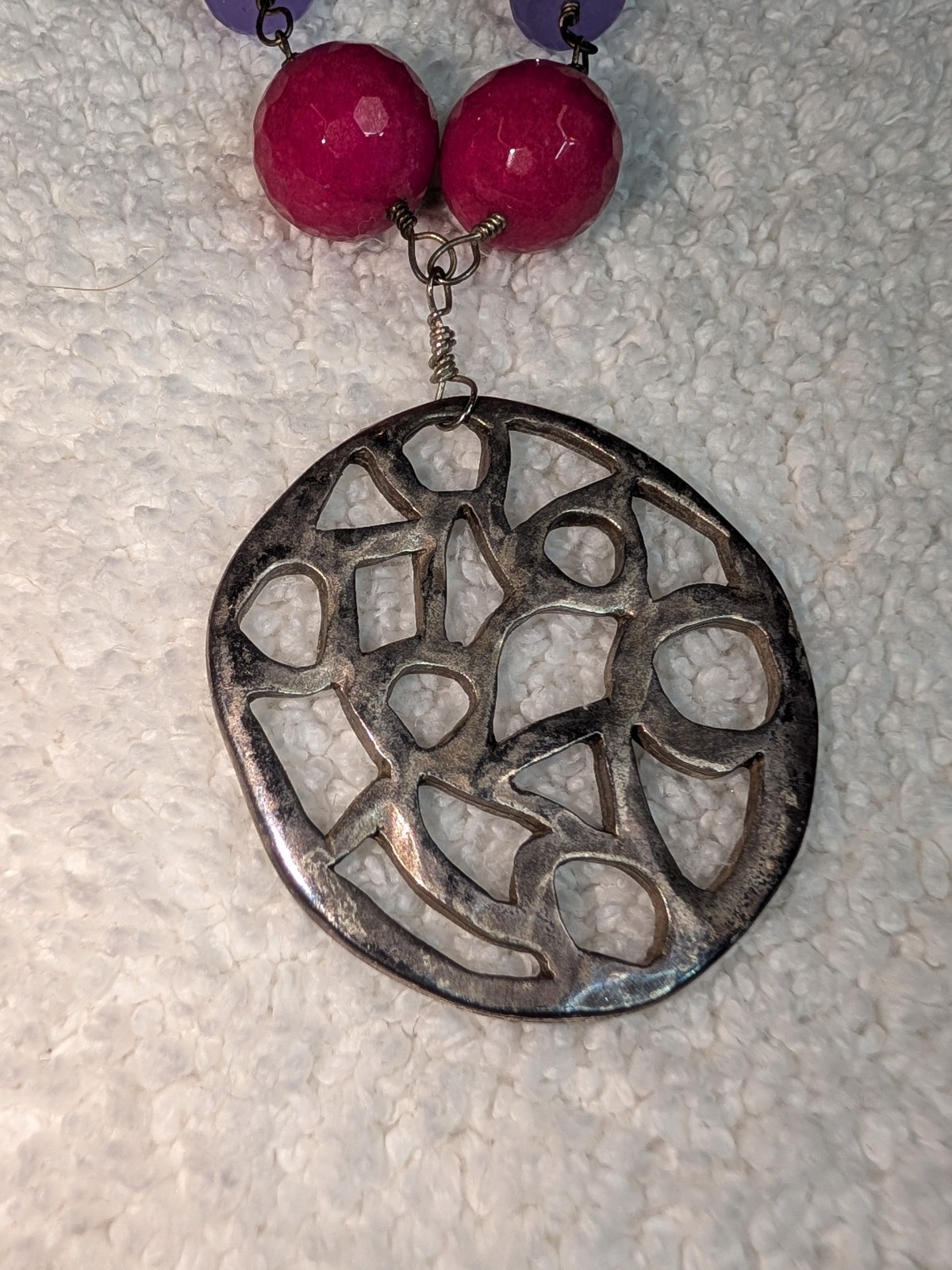 Artisan Sterling Silver Necklace Wire Wrapped Faceted Lavander Chalcedony & Pink