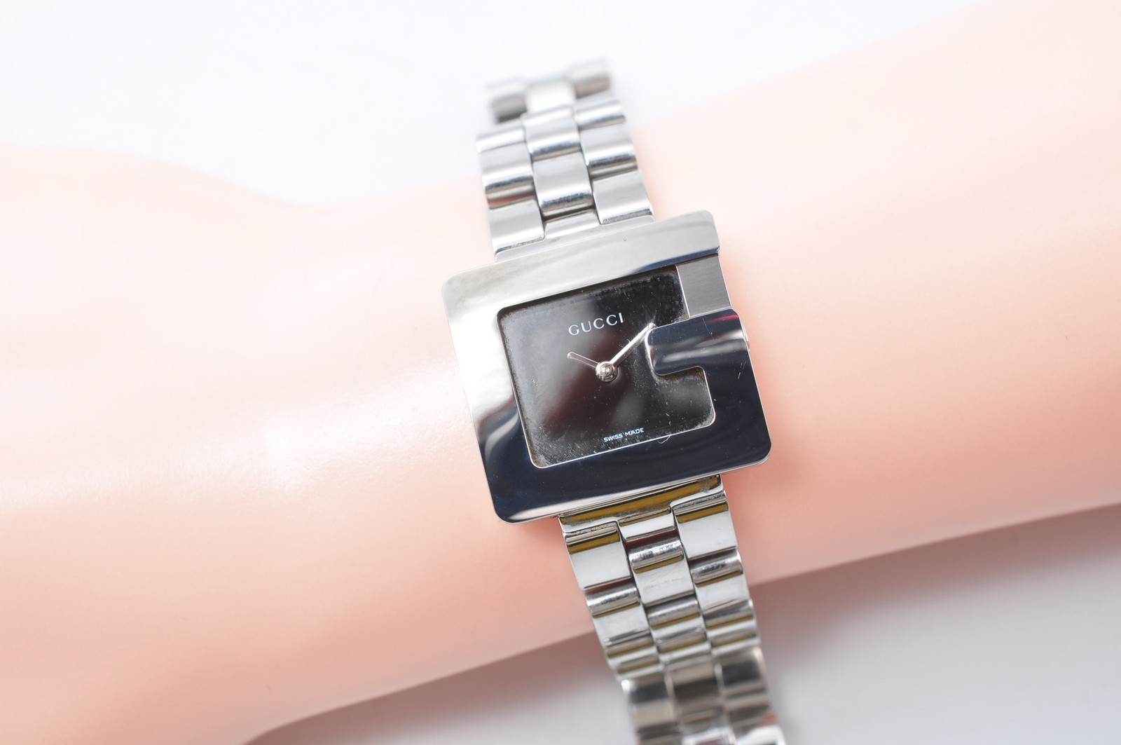 GUCCI 3600L Bezel G Face Quartz Square Silver Watch Women Analog Auth w-1202