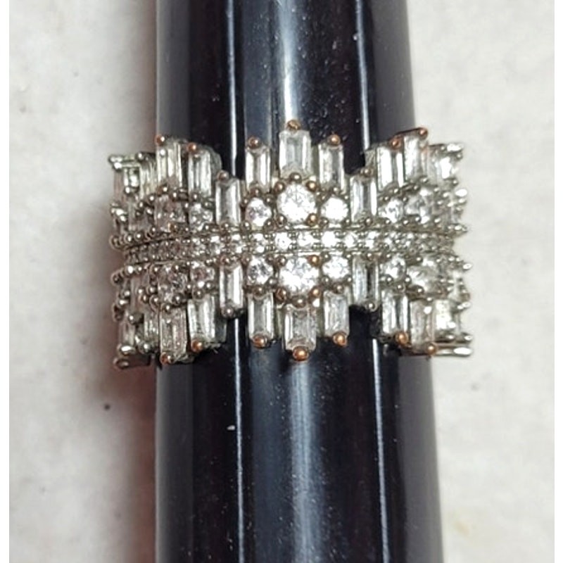 Vtg Multi Tier Honeycomb Cluster Ring White Metal Baguette CZ Statement 10.5