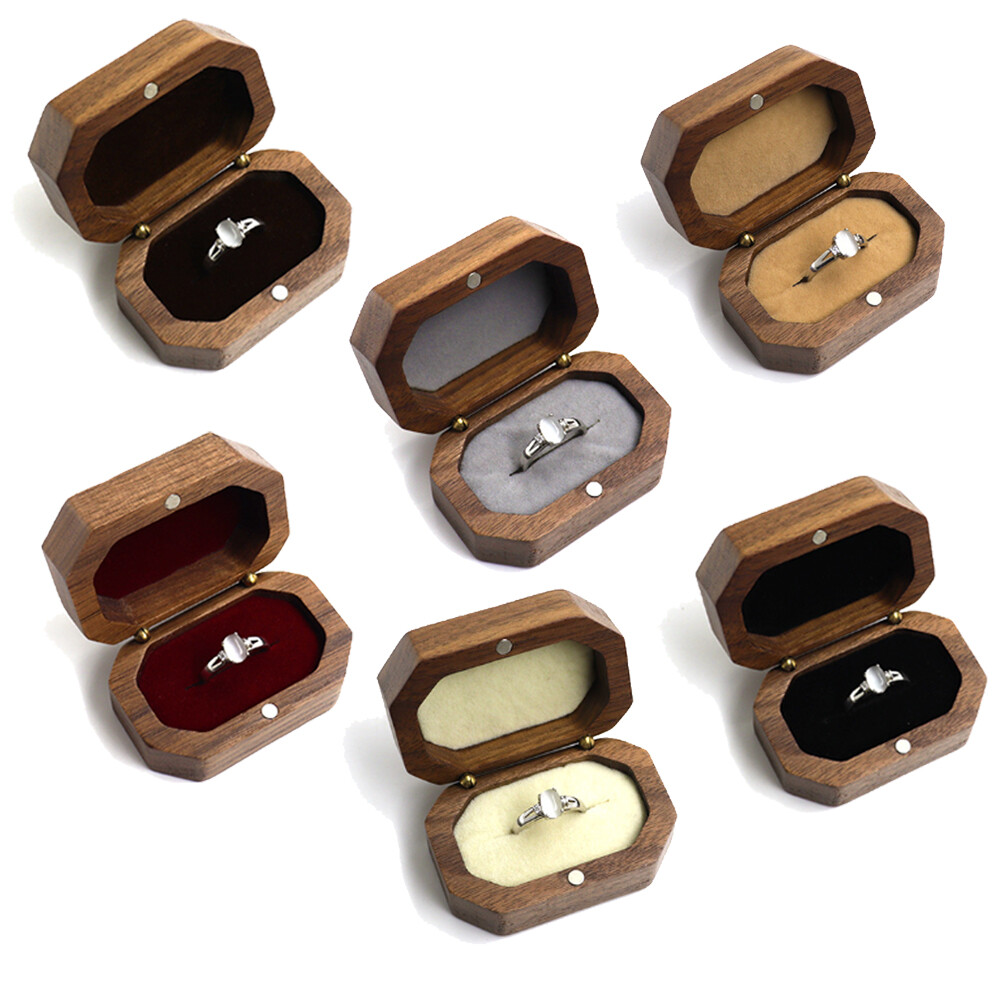Vintage Walnut Wood Ring Box Jewelry Display Storage Holder Engagement Wedding#