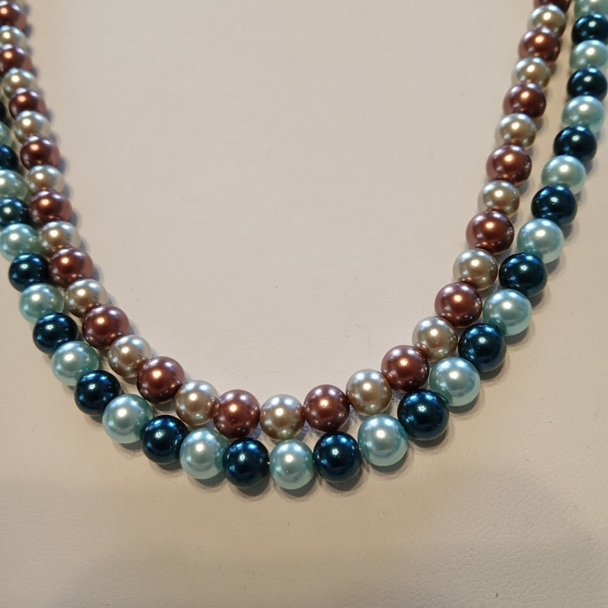 VTG 20″HONARA Double Strand Glass/Shell Pearls Teal Mauve Champagne Heart Toggle