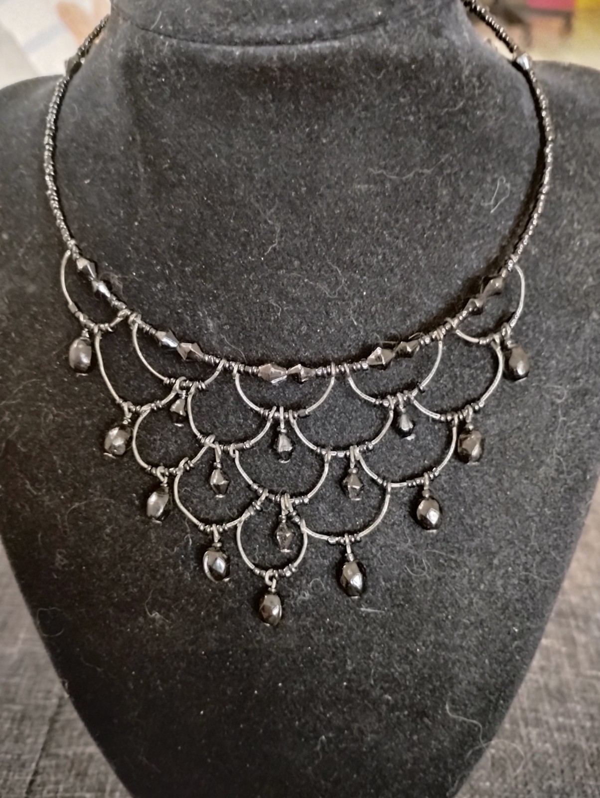 Black Tone Statement Bib,Bead Fringe. Choker Style.Vintage.Handmade. Easy On/Off