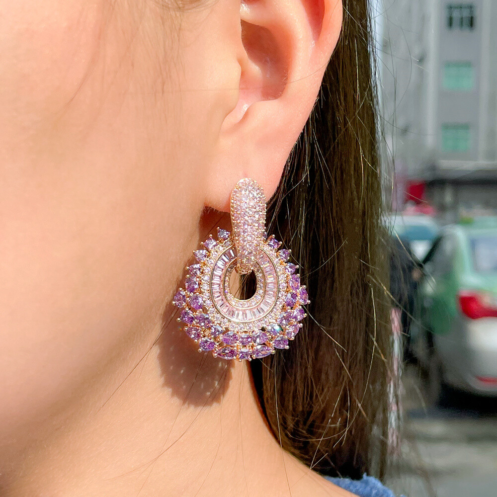 Dainty Double Use Round CZ Big Purple Drop Cluster Dangle Earrings Gold Jewelry