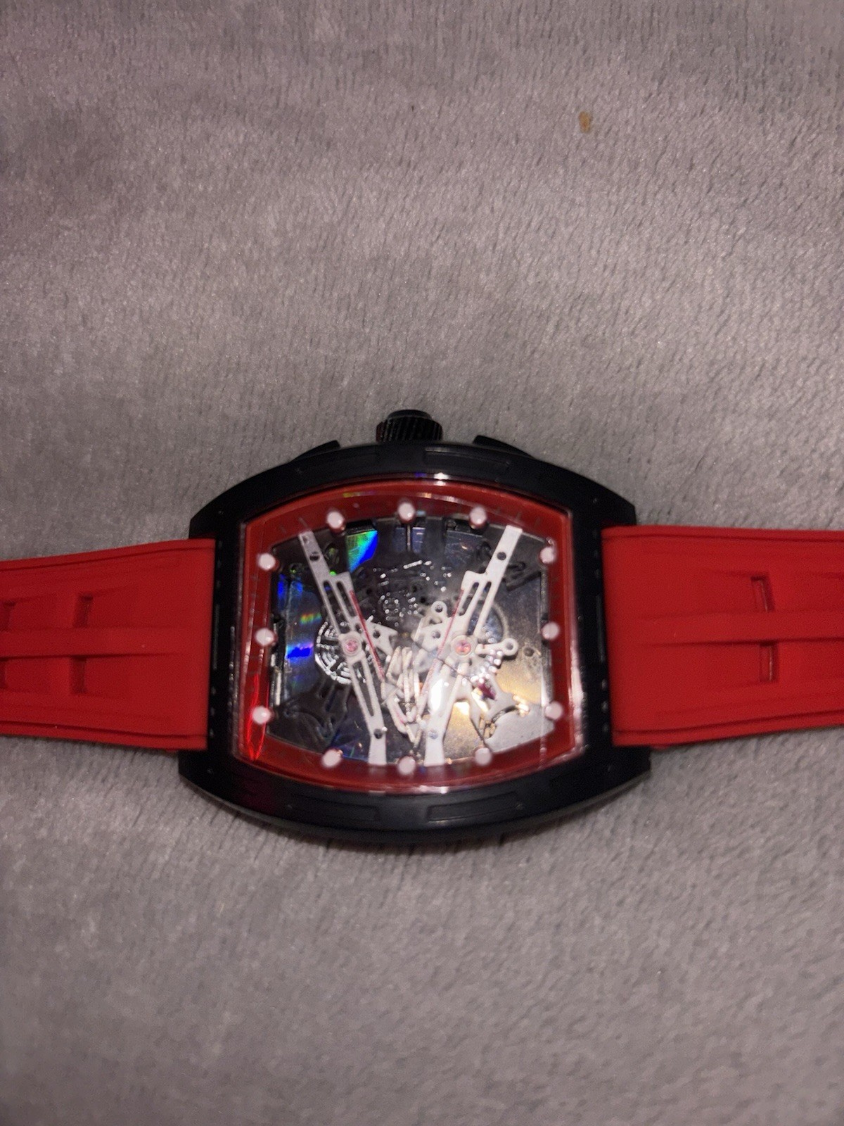 Skeleton Tonneau Automatic Analog Wristwatch Red Rubber Strap Black Case