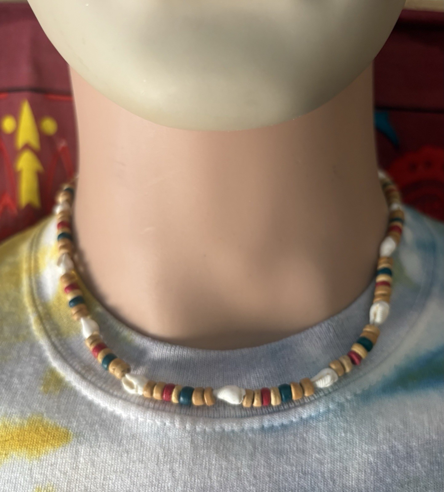 Multicolor Shell Wood Bead Choker Necklace 18 in Beach Bohemian Beaded