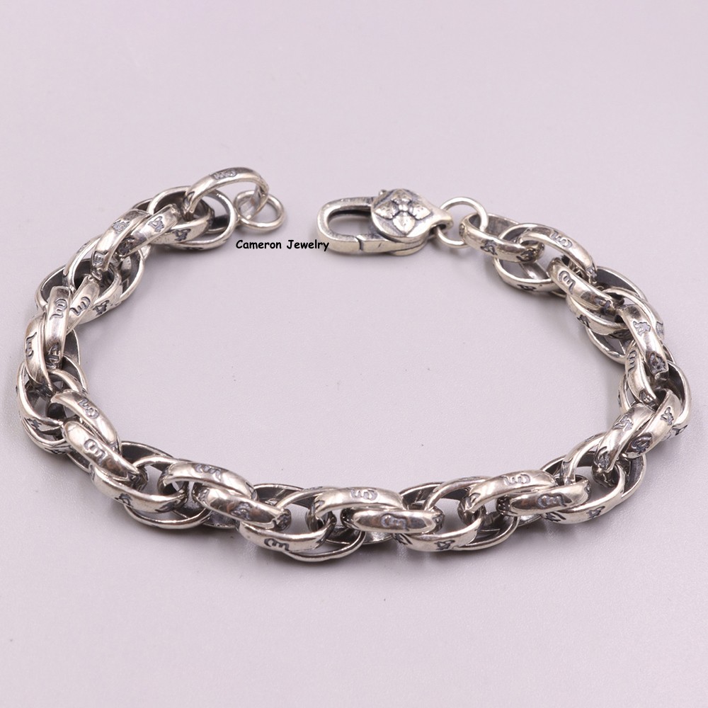 Pure S925 Sterling Silver Chain 9mm Six Words Toggle Link Bracelet 28-29g 8.26in