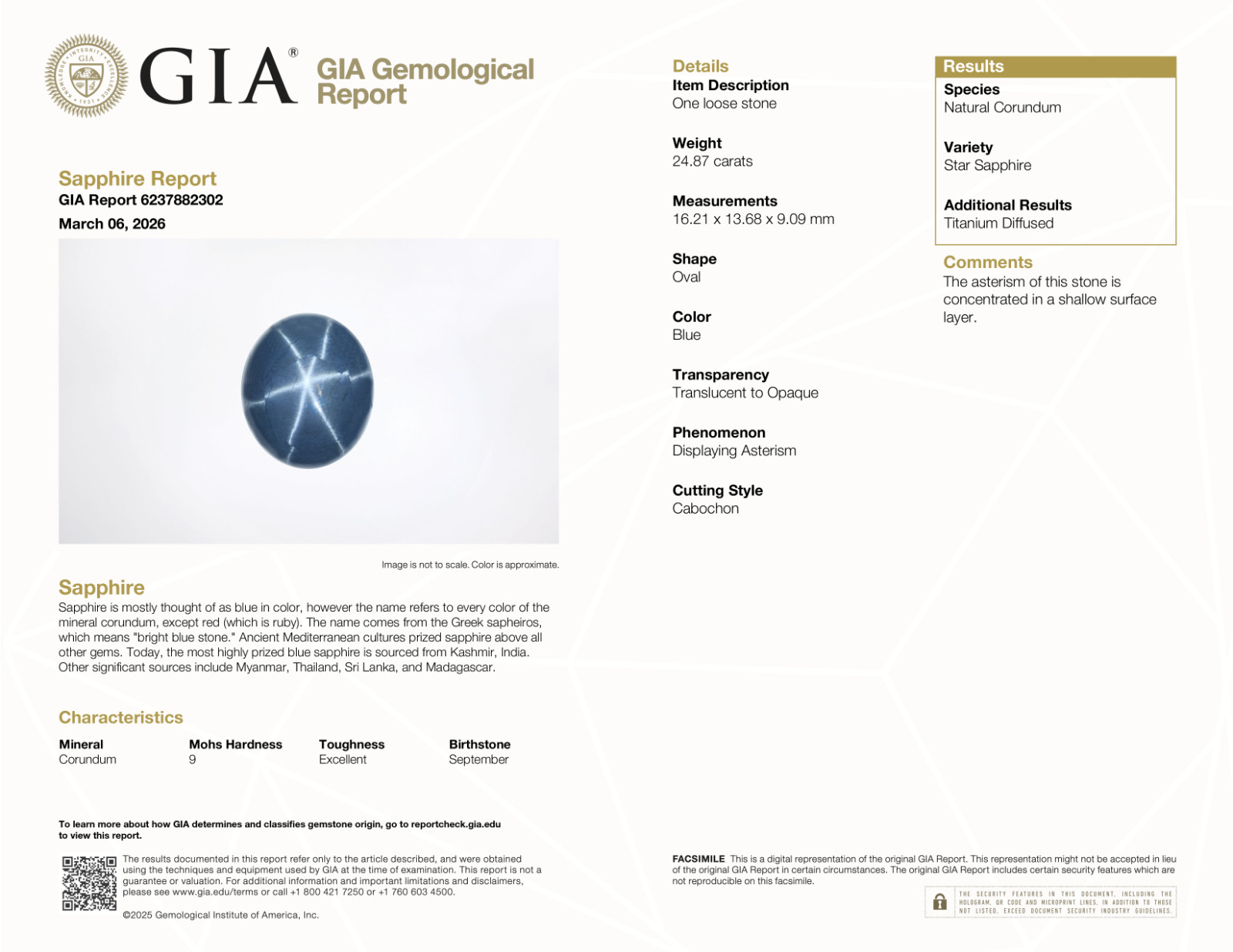 **GIA Certified** 24.87 carat natural star sapphire, titanium diffused