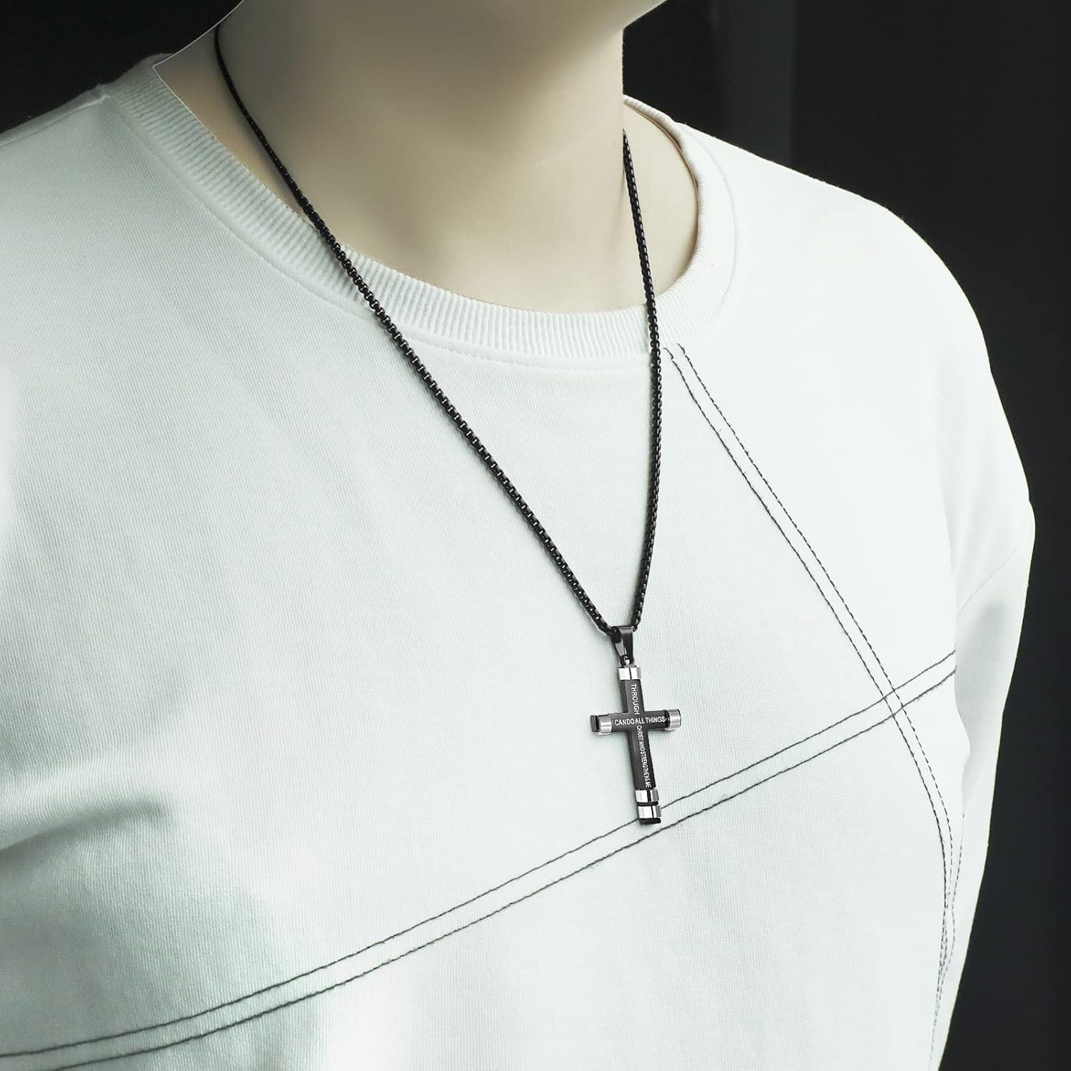 Philippians 4:13 Cross Necklace for Men Strength Bible Verse I CAN DO ALL THINGS