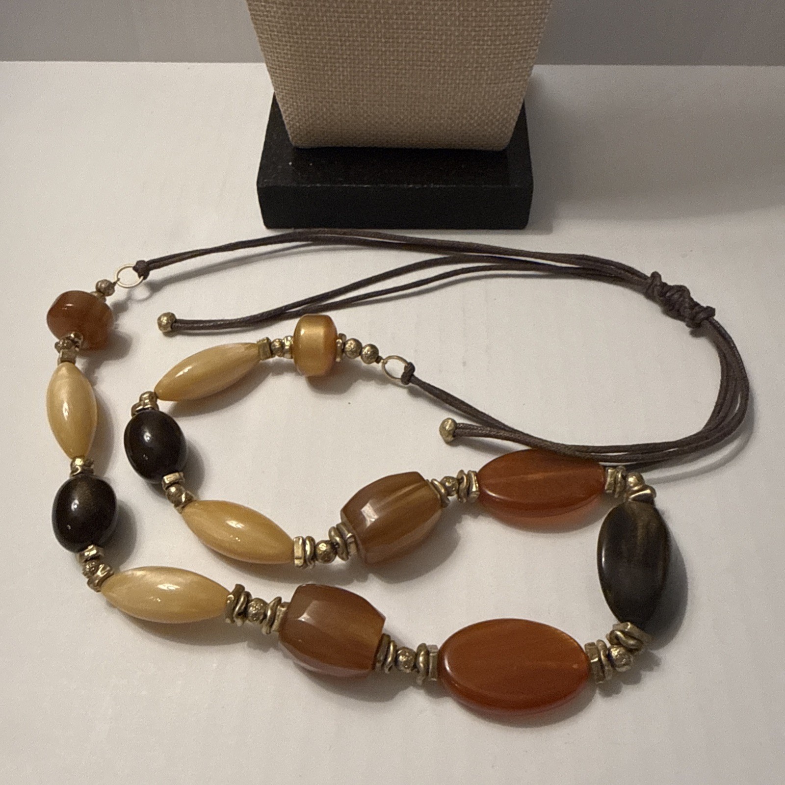 Vtg Amber & Lucite Earth Tone Bead Long Strand Necklace Retro Boho Chic 23” Adj.